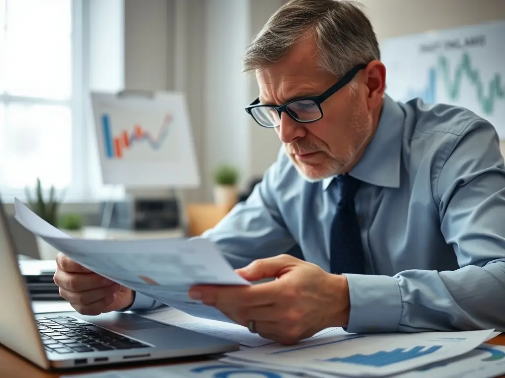 An image of a financial professional reviewing payroll documents on a computer screen, representing payroll and tax services.