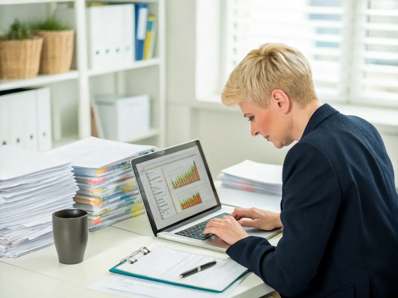A professional accountant is reviewing payroll reports in a modern office setting, with a focus on accuracy and compliance.