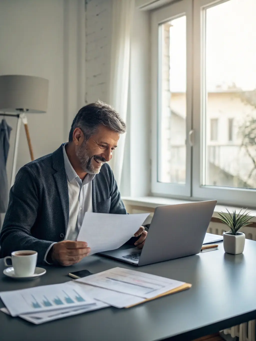 An image of a business owner smiling confidently while reviewing a payroll report, symbolizing the peace of mind that comes with reliable payroll services.