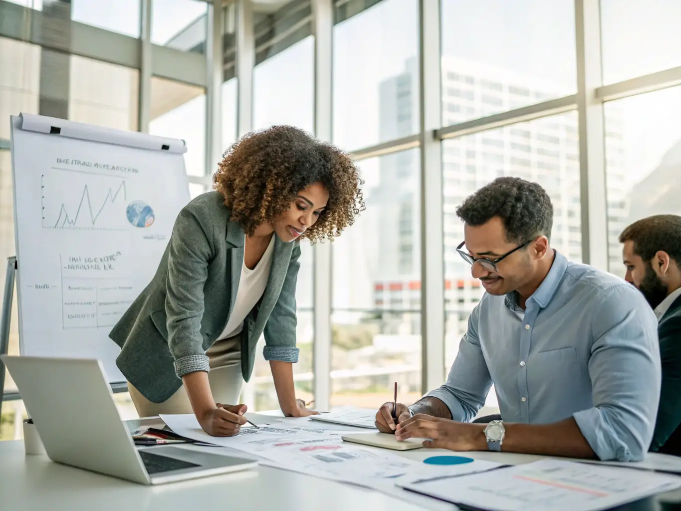 A business owner is reviewing financial reports with a consultant, discussing tax planning strategies and compliance requirements.