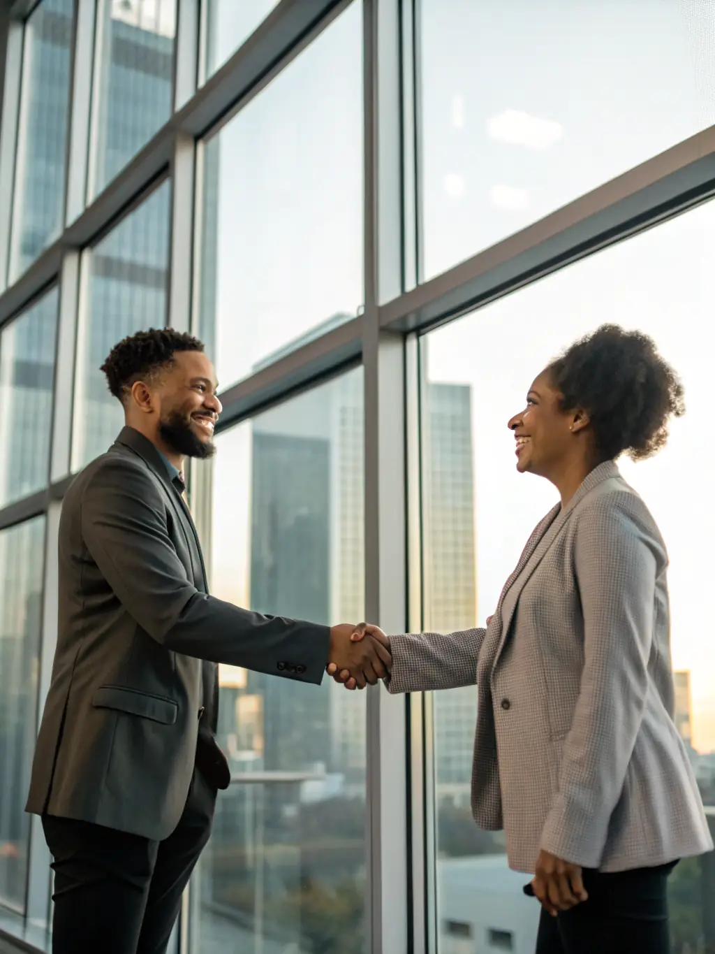 An image of two employees shaking hands, symbolizing positive employee relations and conflict resolution facilitated by Guiding Hands.