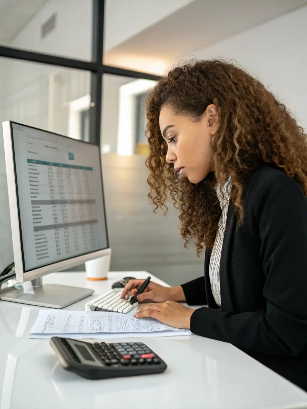 A close-up image of a payroll specialist meticulously reviewing financial documents, highlighting the attention to detail in payroll processing.